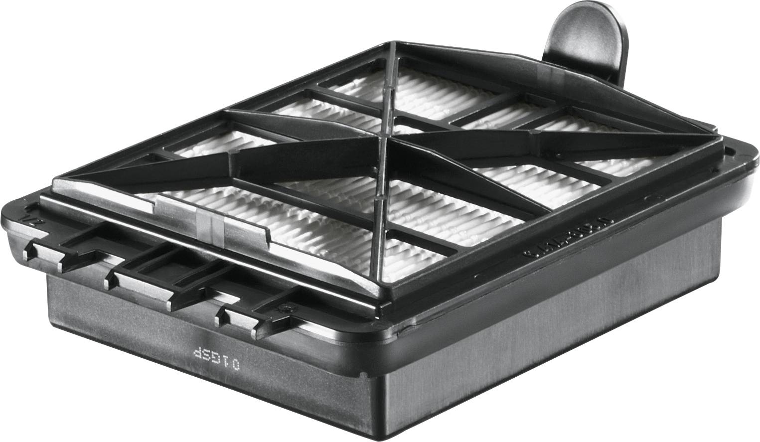 'Filtre HEPA noir, rectangulaire, avec une grille sur le dessus, destiné à purifier l'air dans un aspirateur ou un purificateur d'air. Positionné sur une surface plane.'
