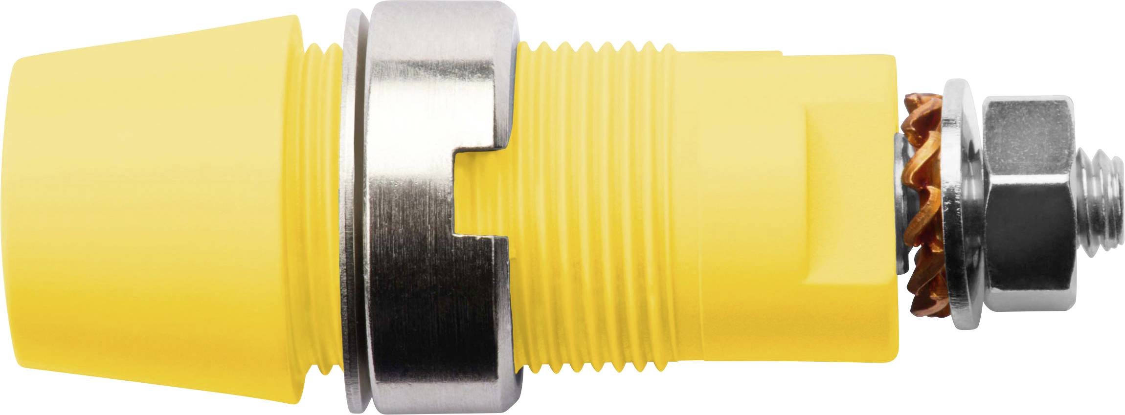 Boîtier en plastique jaune avec anneau et vis en métal argenté, composant d'un appareil électrique ou d'un capteur.