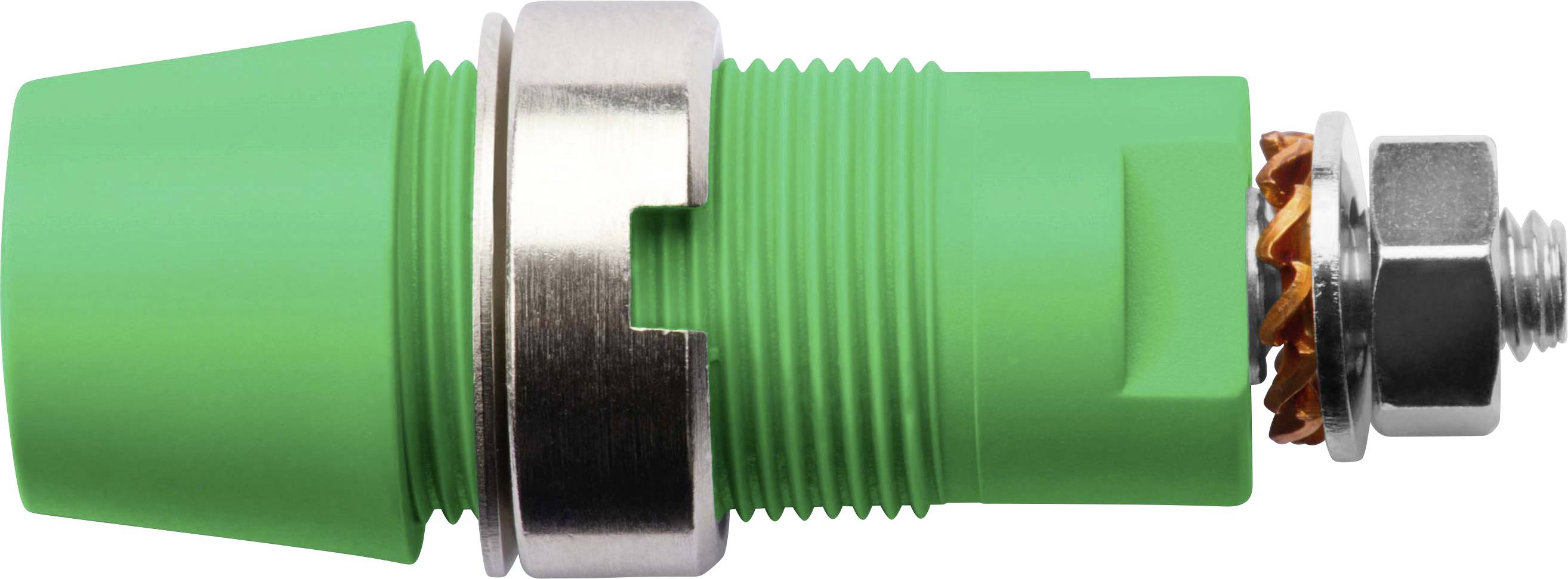 Capteur cylindrique vert avec boîtier métallique et fixation par vis ; vue latérale.