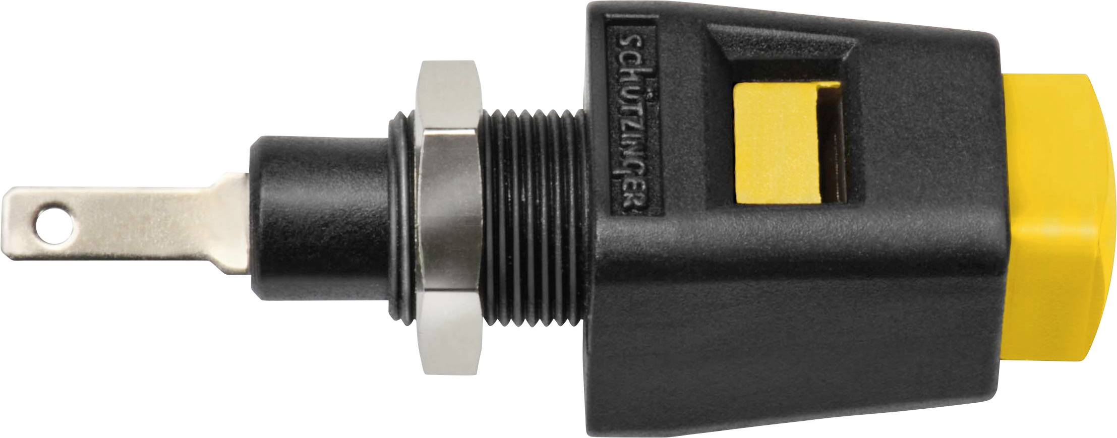 Fiche de protection noire avec poignée jaune et contact métallique. Vue latérale ; fiche industrielle pour connexions électriques sécurisées.