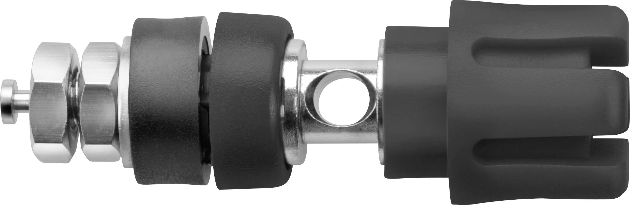Un élément mécanique en argent et noir composé de plusieurs sections cylindriques et de rainures, probablement une vanne métallique.