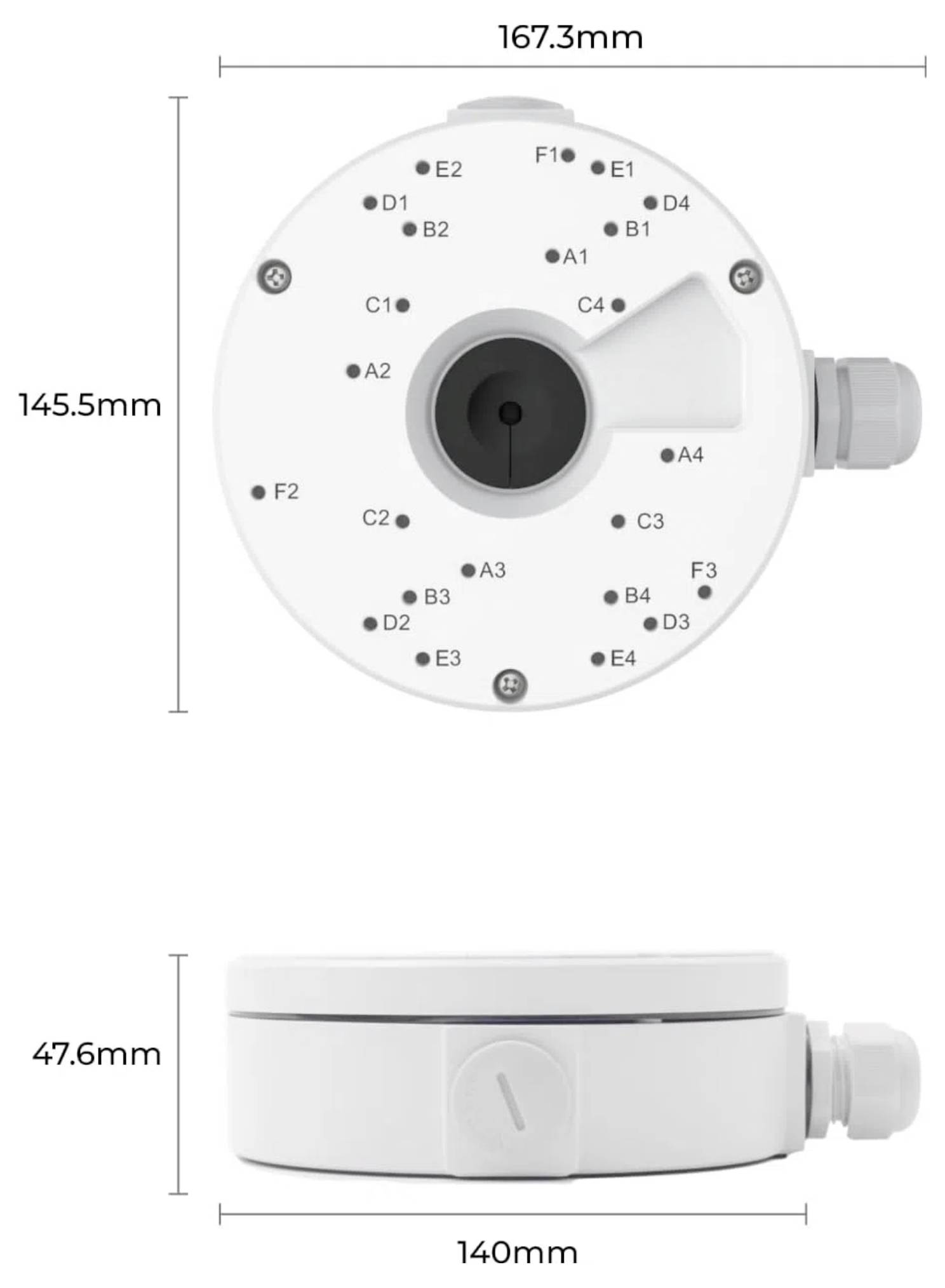 Vues de dessus et de côté d'un boîtier de jonction rond, montrant les dimensions : diamètre de 167,3 mm, hauteur de 145,5 mm et épaisseur de 47,6 mm.