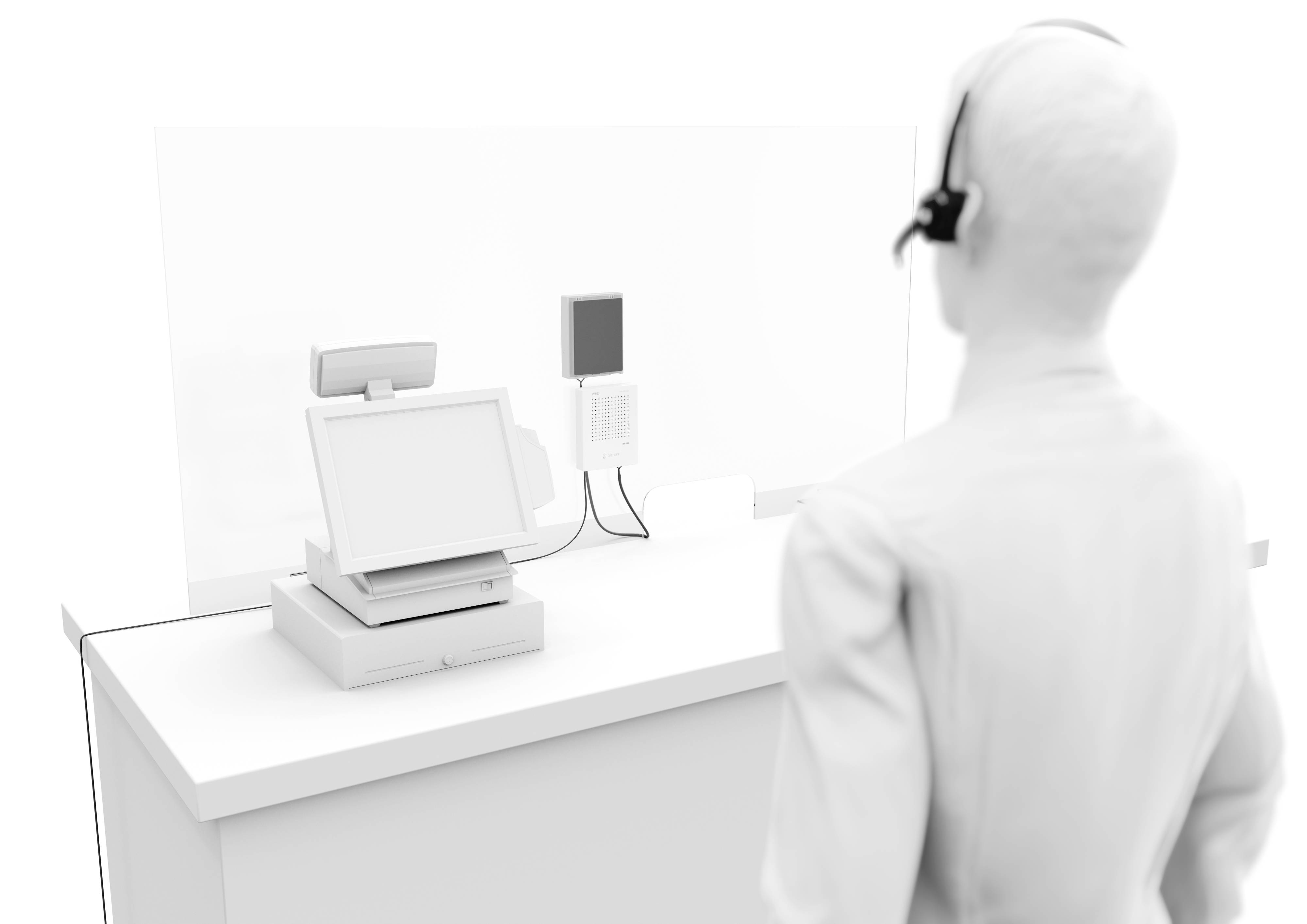 Une personne portant un casque se tient devant un guichet avec un système de caisse. Un écran et un lecteur de carte sont visibles en arrière-plan.