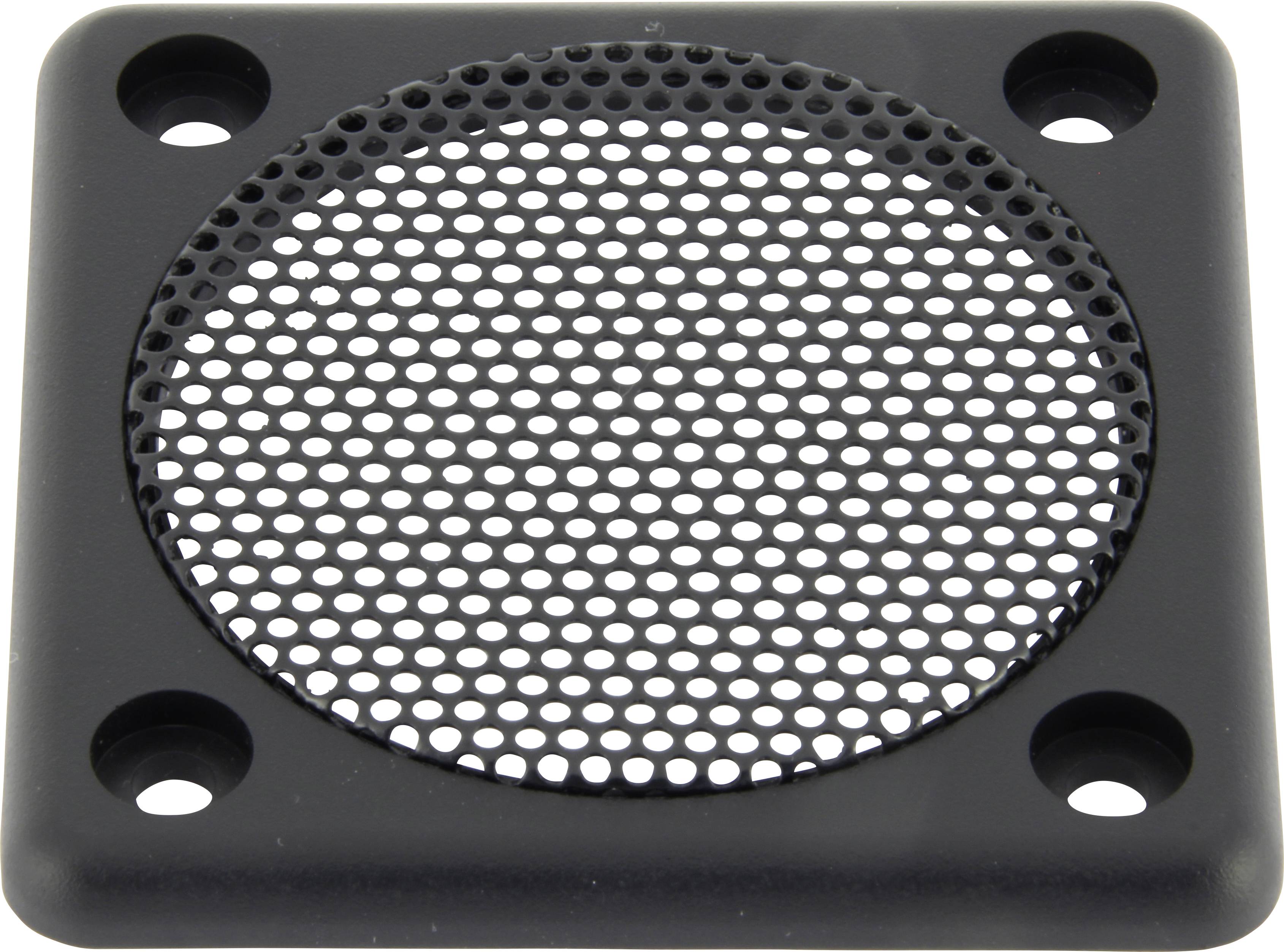 Un grille de protection pour haut-parleur noir, carré, avec des trous ronds et quatre trous de fixation dans les coins.