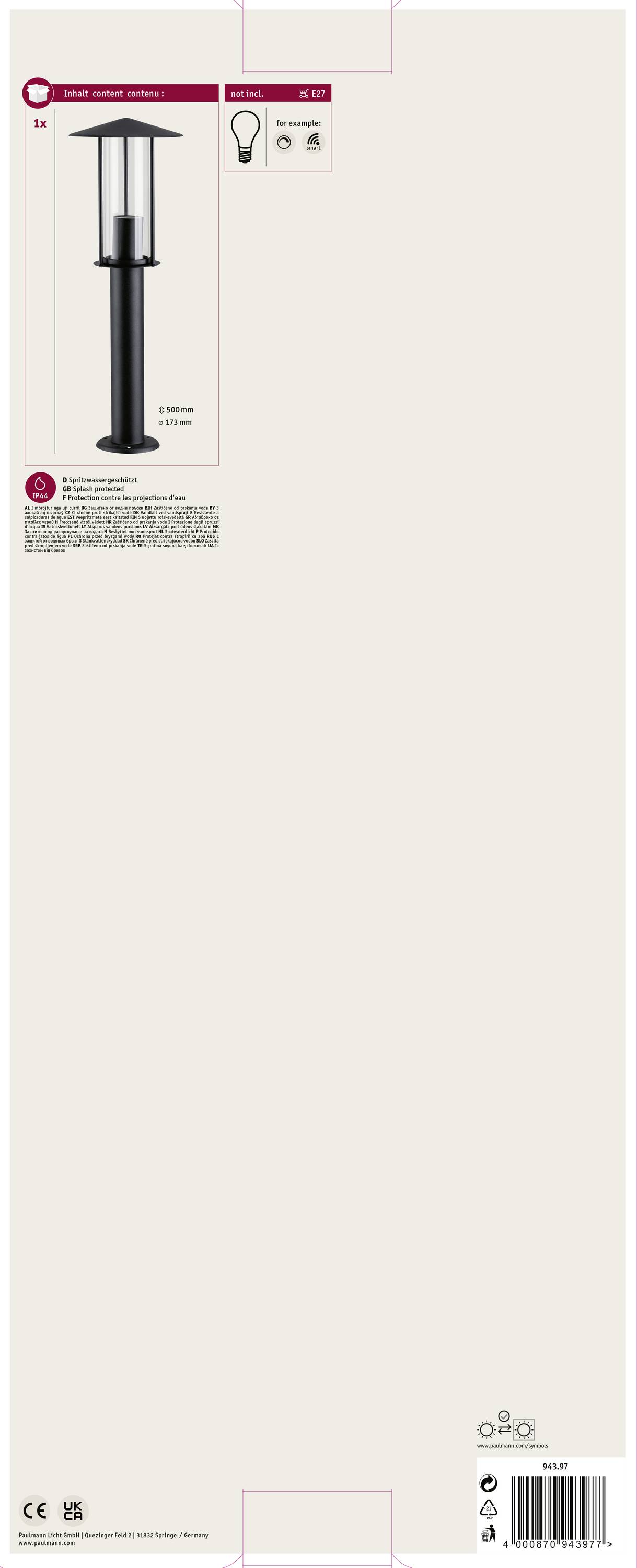 Lampadaire extérieur Paulmann 94397 E27 gris foncé