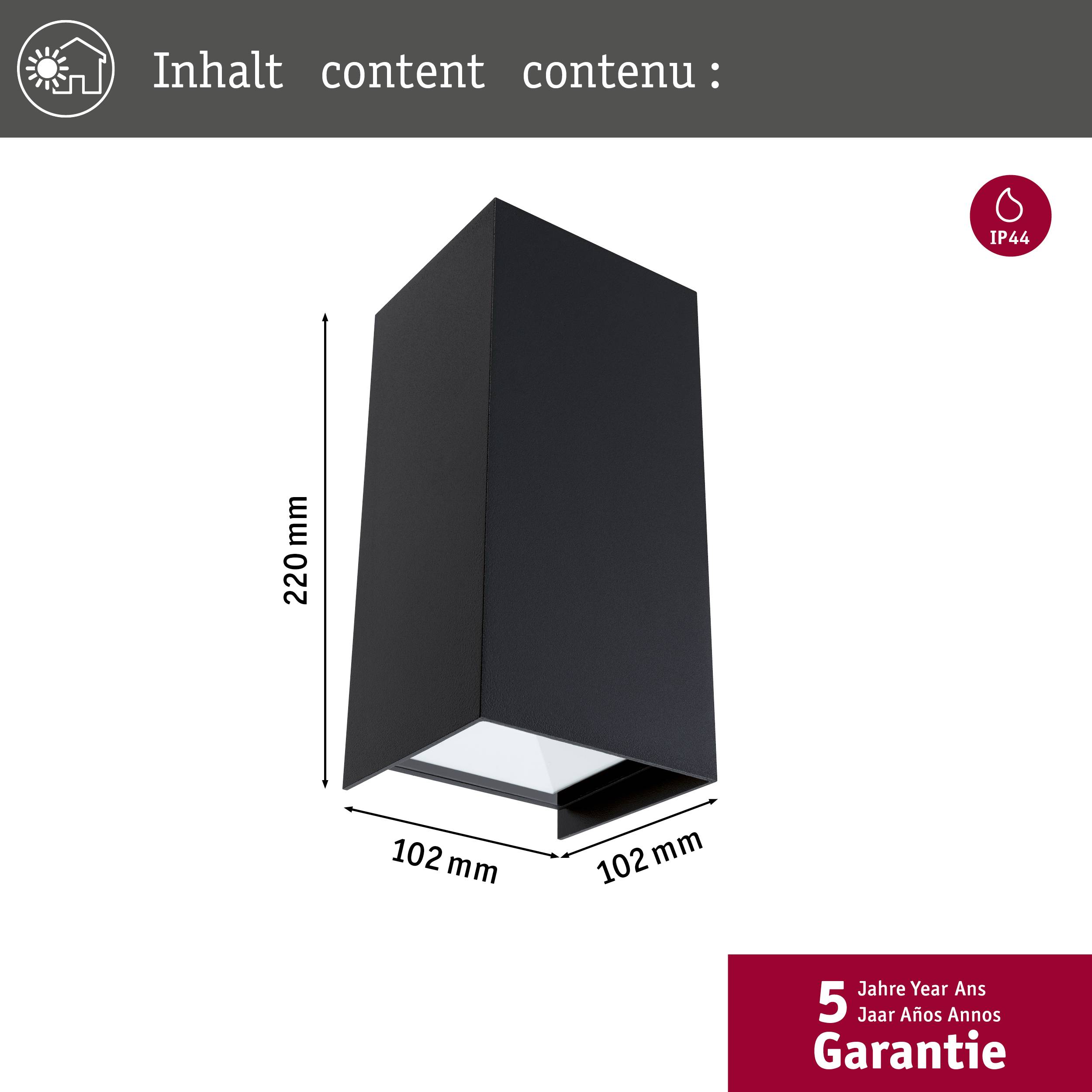 Applique murale extérieure en noir, dimensions : hauteur 220 mm, largeur 102 mm. Indice de protection IP44. 5 ans de garantie.