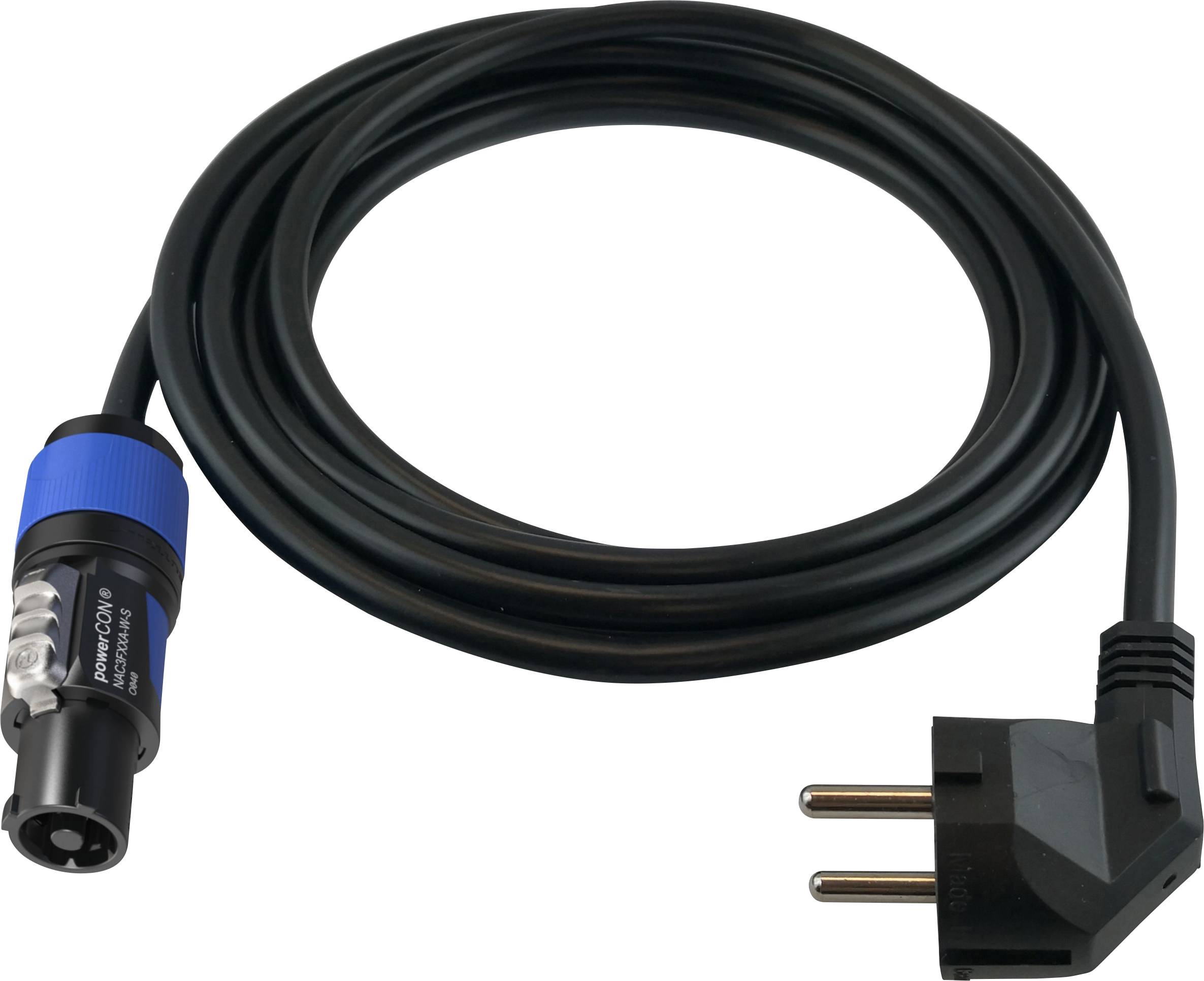 Câble réseau noir avec connecteur bleu et fiche Schuko noire. Adapté à l'alimentation électrique des appareils électroniques.