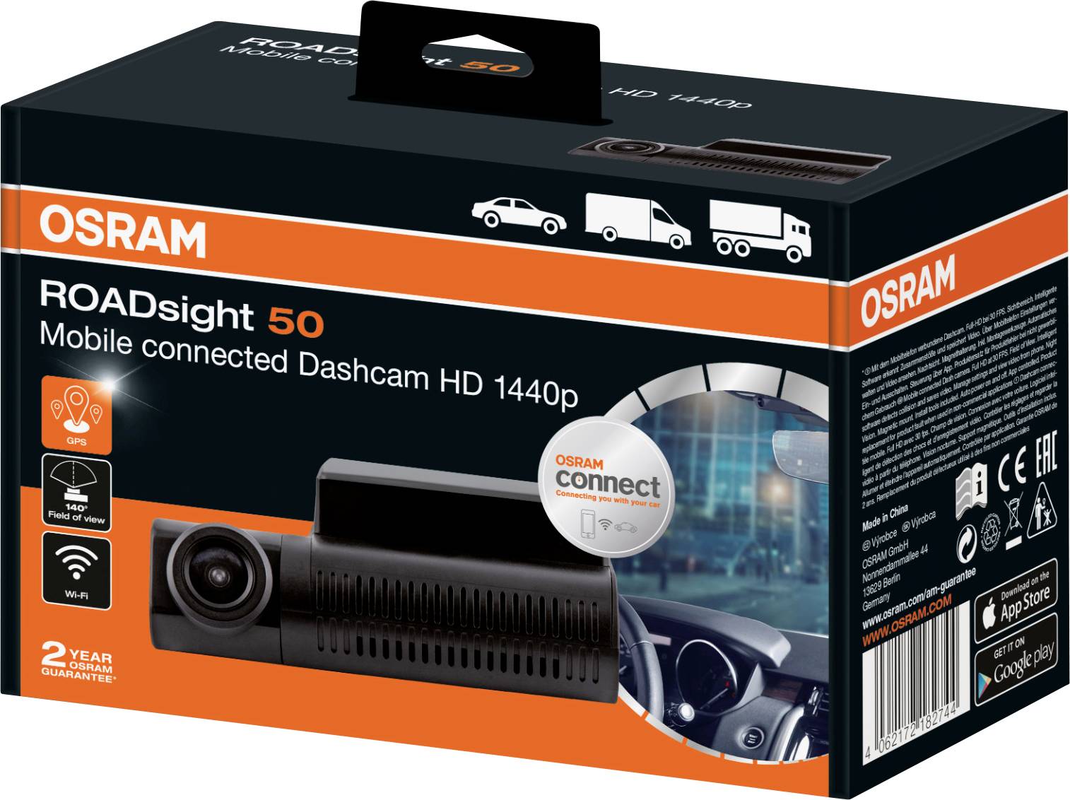 Caméra embarquée + GPS OSRAM ORSDC50 Angle de vue horizontal=140 ° 5 V batterie, Wi-Fi