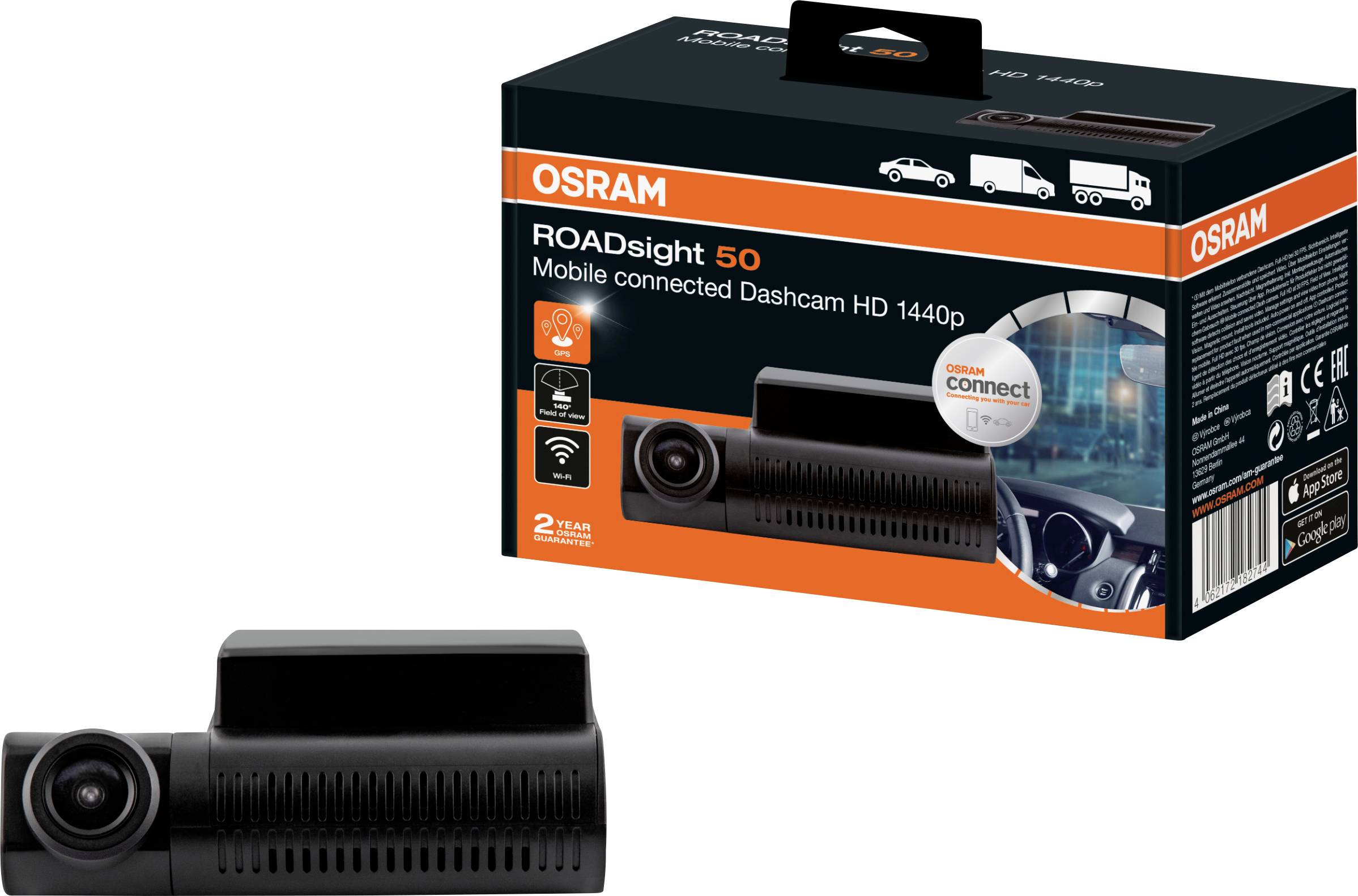 Caméra embarquée + GPS OSRAM ORSDC50 Angle de vue horizontal=140 ° 5 V batterie, Wi-Fi