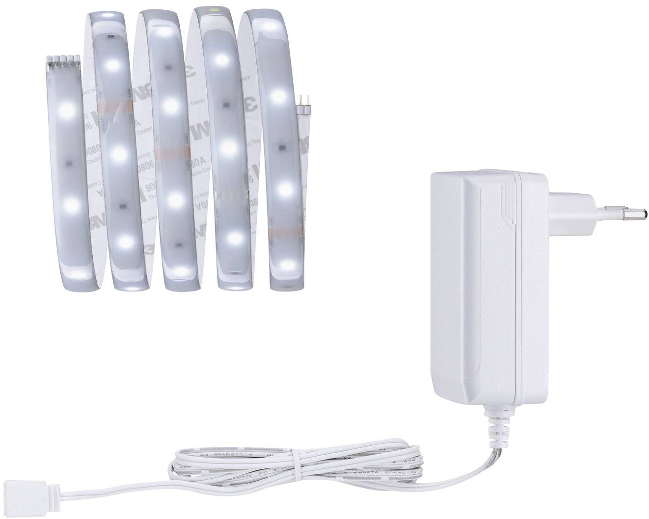 Bandes lumineux LED en plusieurs boucles avec alimentation. Câble blanc reliant les bandes à l'alimentation. Adaptés pour l'éclairage.
