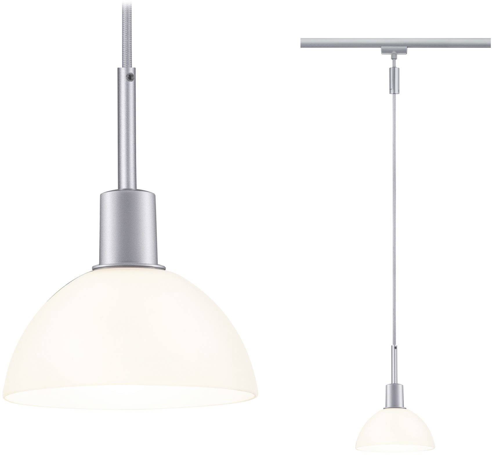 Suspension lumineuse au design moderne, argenté et à abat-jour en verre blanc, idéale pour le salon ou la salle à manger.
