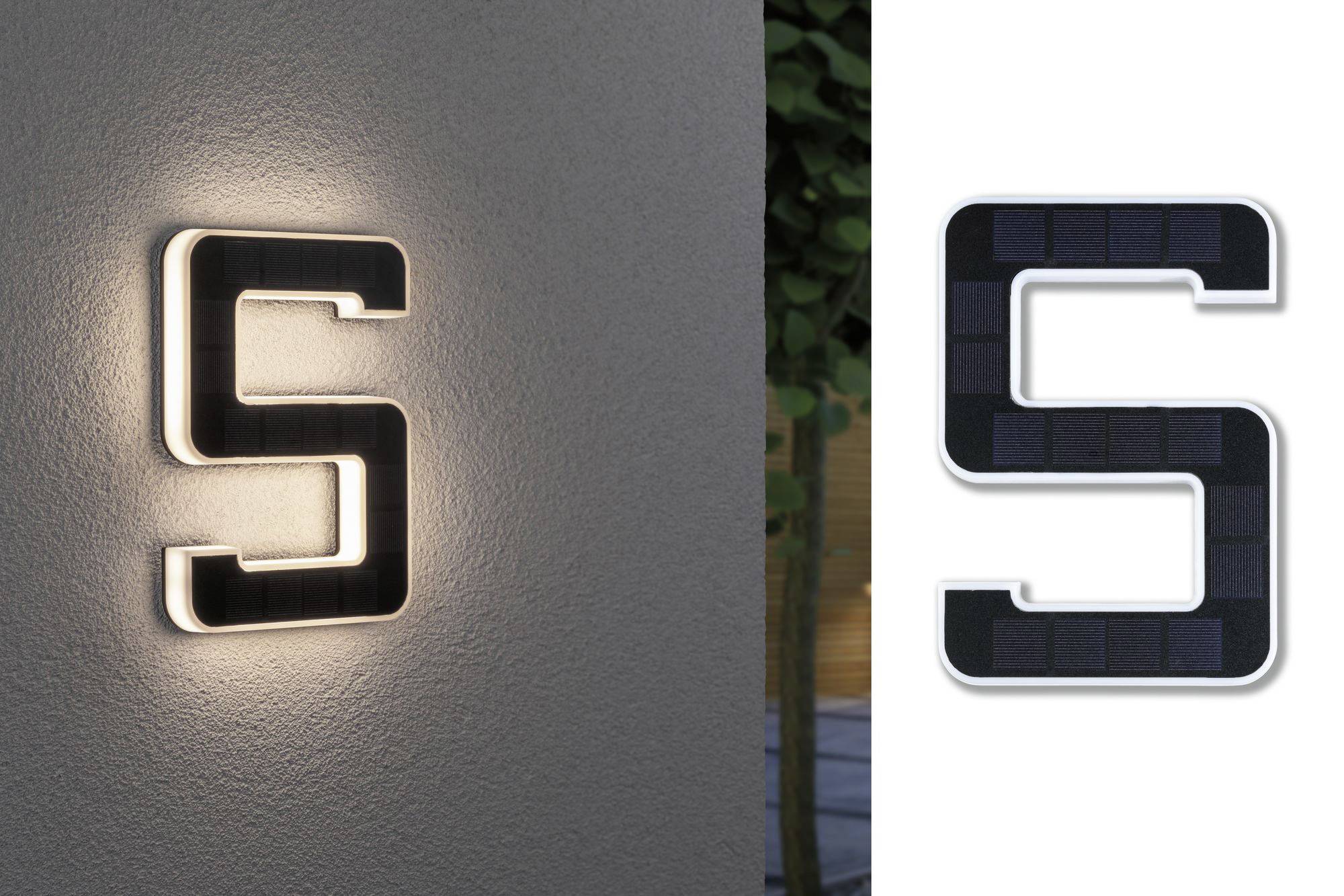Lettre « S » en matériau noir avec éclairage LED sur un mur gris. À droite à côté, dans un état éteint.