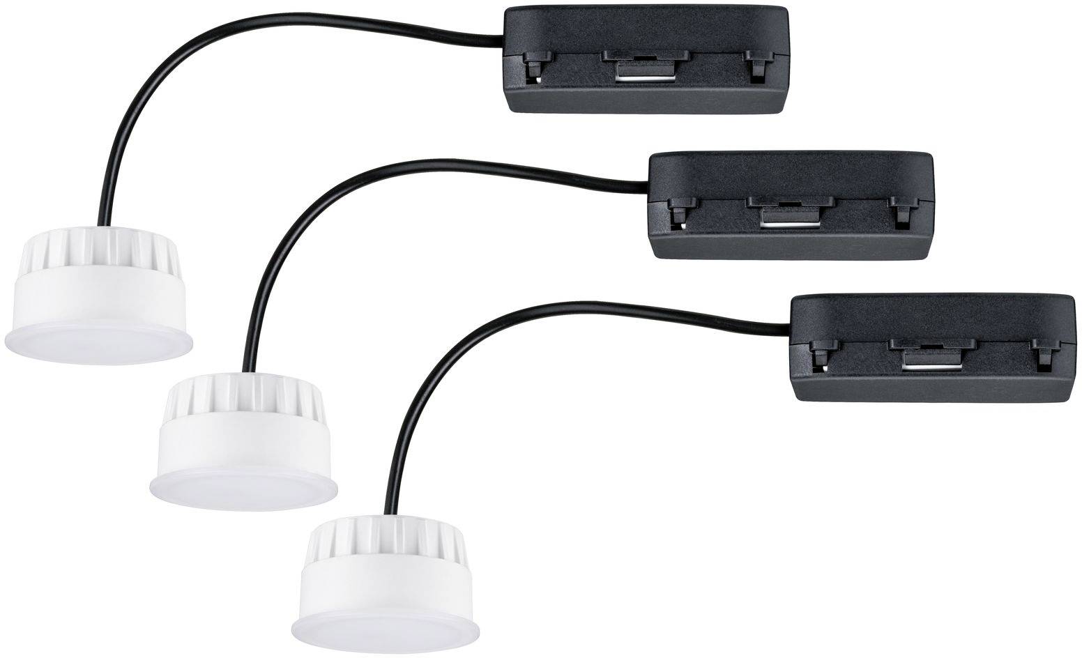 Trois luminaires LED encastrables avec câble noir et boîte de connexion noire, chacun équipé d'un abat-jour rond blanc.