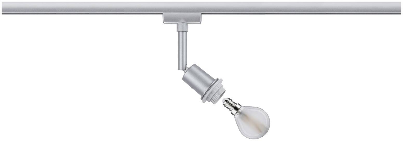 Une lampe de plafond moderne, argentée, avec un spot réglable et une ampoule visible, suspendue à une rail.