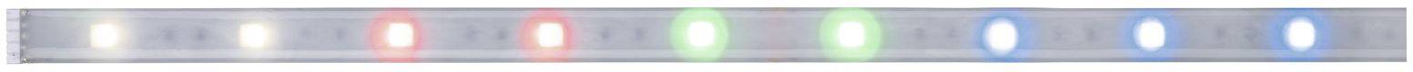 Une barre à LED horizontale avec des lumières alternant entre blanc, rouge, vert et bleu sur une surface grise.