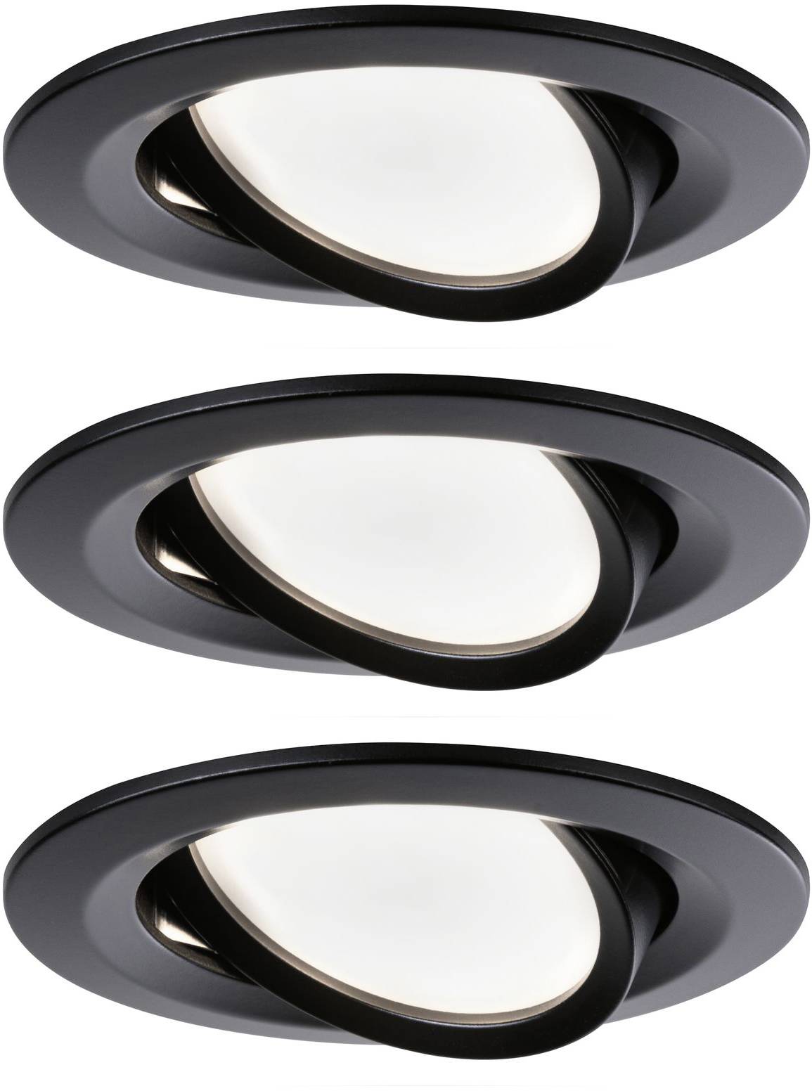 Trois spots encastrables noirs et orientables, alignés, présentant différentes directions d'éclairage.