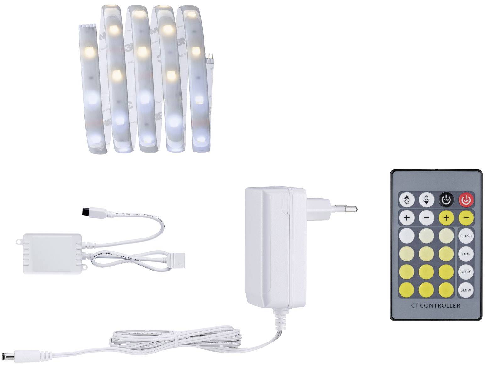 Ensemble de bandes lumineuses LED, composé de cinq bandes, d'un bloc d'alimentation, d'un boîtier de contrôle et d'une télécommande avec touches colorées.