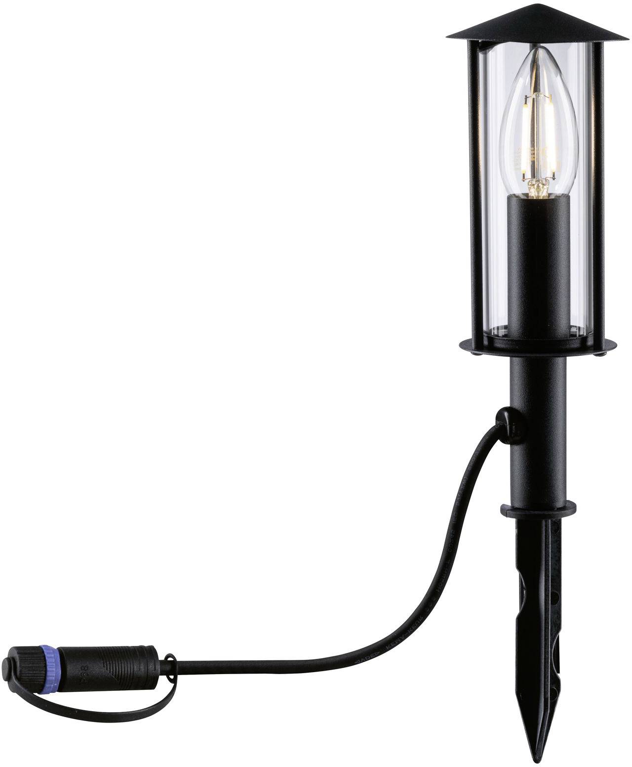 Une lampe d'extérieur noire avec un verre transparent et un filament d'ampoule visible, montée sur un piquet de terre avec un câble et une fiche bleue.