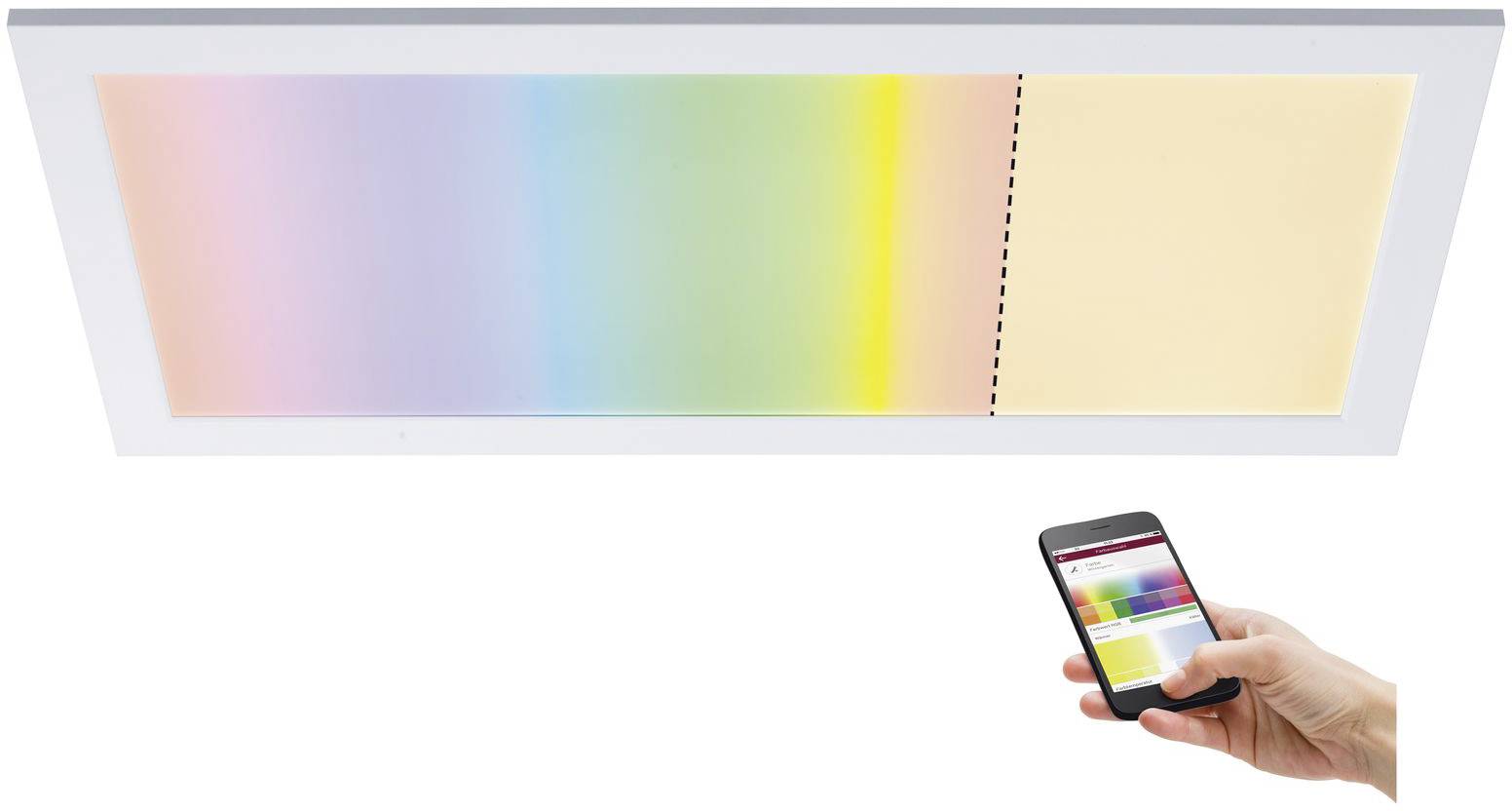 Un plafonnier LED rectangulaire avec un dégradé allant du bleu au jaune. Une main tient un smartphone affichant le contrôle des couleurs.