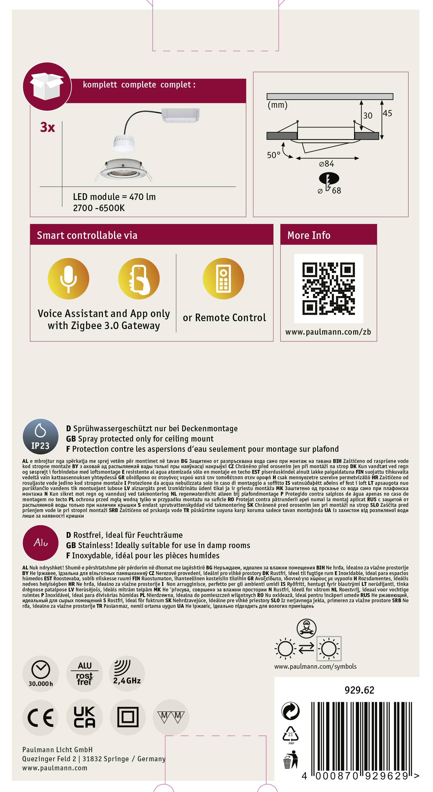 Dos d'un emballage de plafonnier LED. Présente un diagramme d'installation, un code QR pour plus d'informations, options de contrôle : application ou télécommande.
