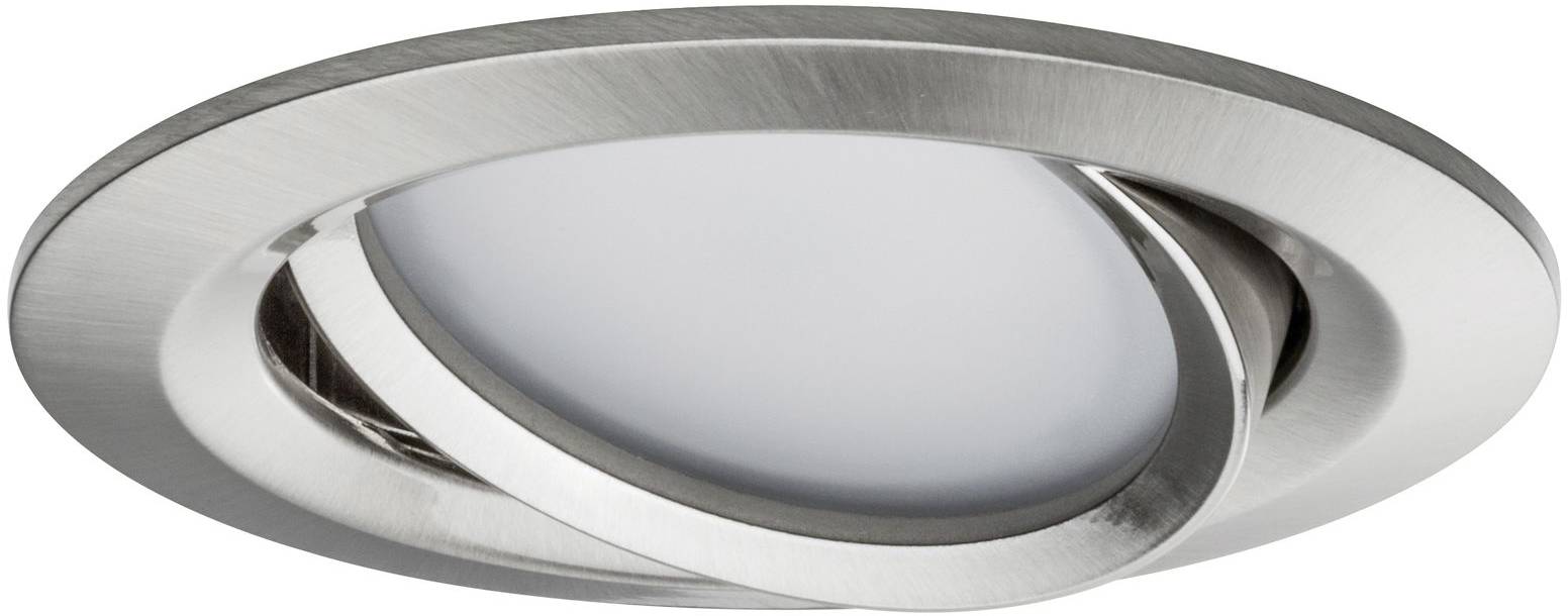Spot encastrable rond en acier inoxydable brossé avec anneau intérieur pivotant et diffuseur mat, adapté à l'éclairage de plafond moderne.