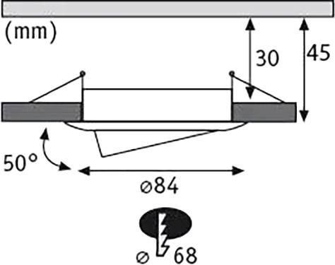 Diagramme d'un montage de luminaire : vue en coupe montrant l'installation lumineuse avec dimensions ; 30 mm, 45 mm, angle de 50°, diamètre 84 mm, découpe 68 mm.