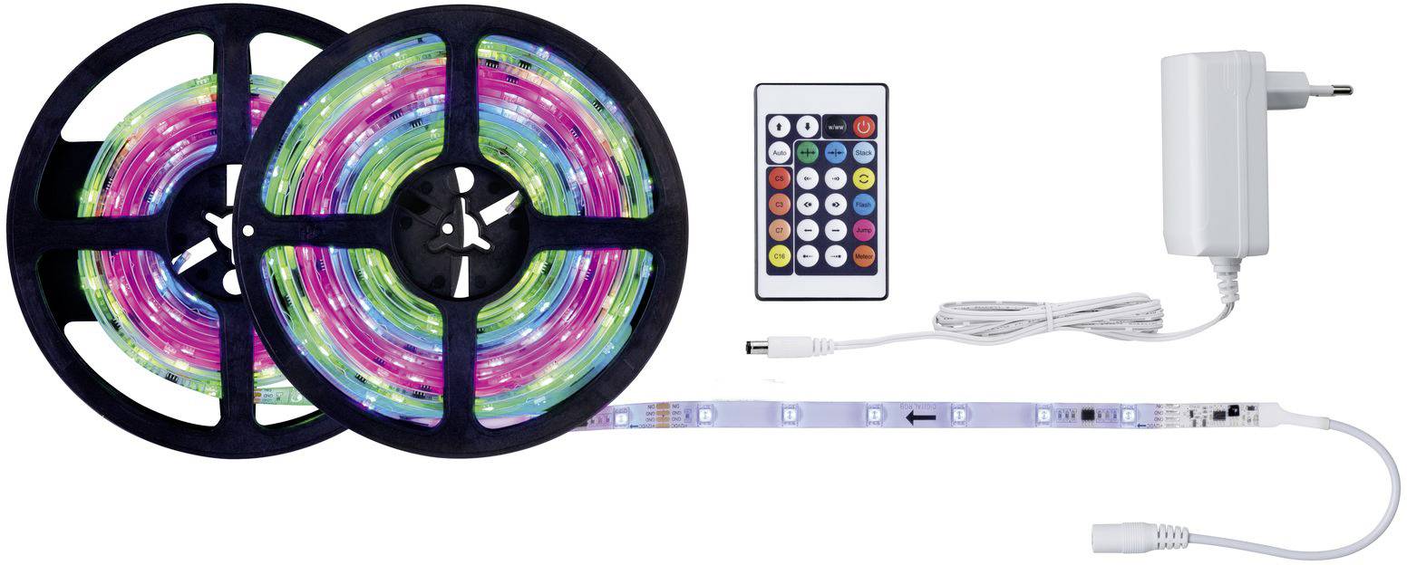 Deux rouleaux de bandes lumineuses LED colorées avec télécommande et alimentation. Idéal pour un éclairage d'ambiance.
