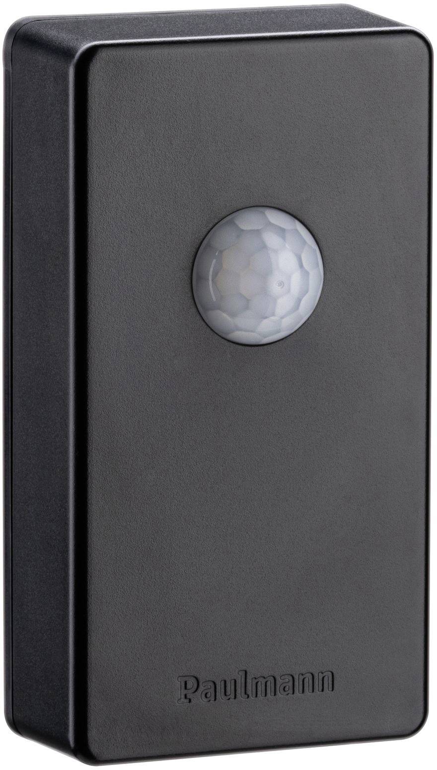 Un détecteur de mouvement rectangulaire noir avec un capteur rond au centre, de marque 'Paulmann', pour la commande d'éclairage.