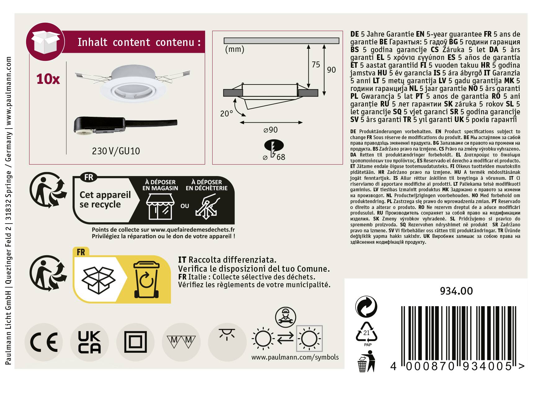 Paulmann 93400 Luminaire à LED encastrable jeu de 10 LED GU10 blanc