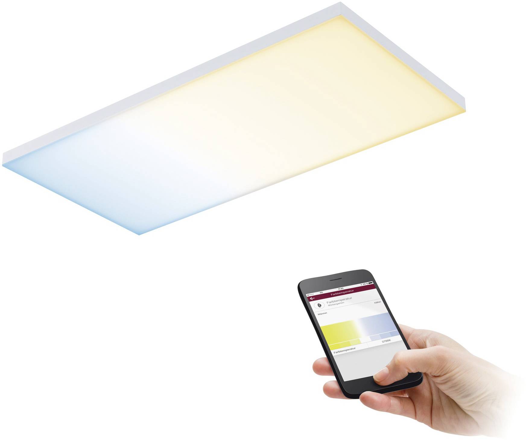 Un luminaire LED rectangulaire passe du bleu au jaune. Une main tient un smartphone pour ajuster la couleur.