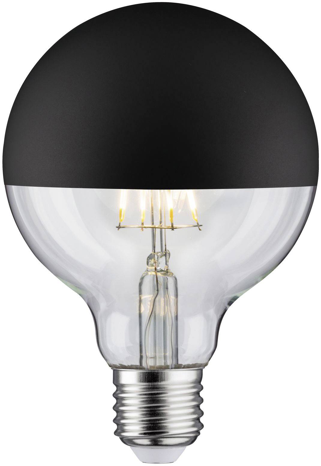 Une ampoule avec un sommet noir et un filament visible à l'intérieur.