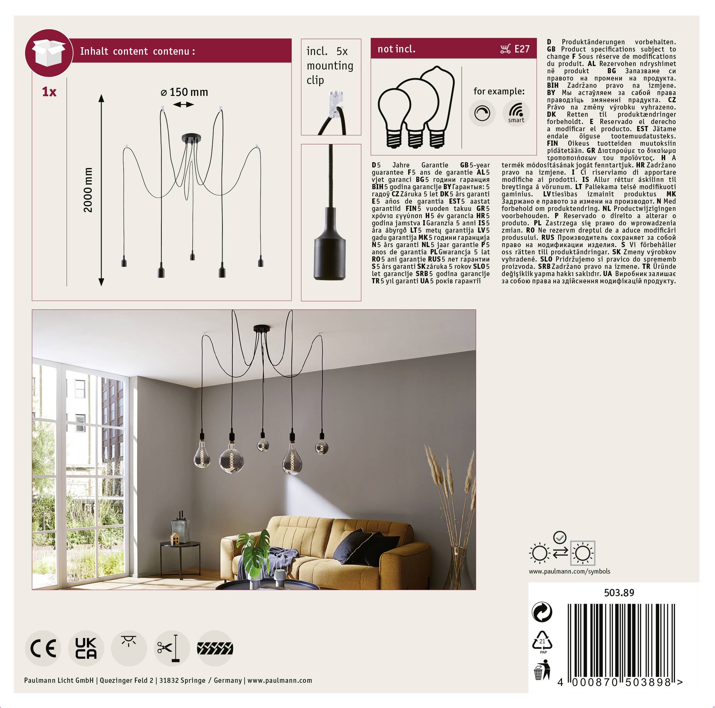 Paulmann Ketil 50389 Luminaire à suspendre LED E27 noir