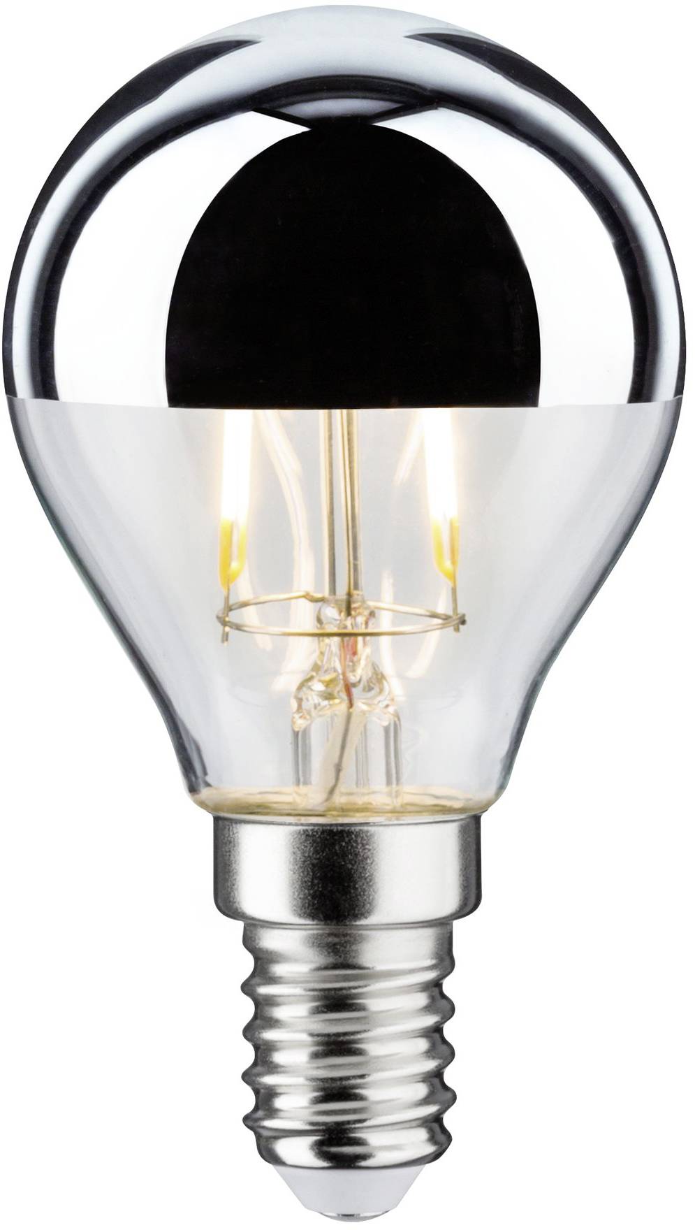 Ampoule à culot argenté avec filament apparent, allumée.