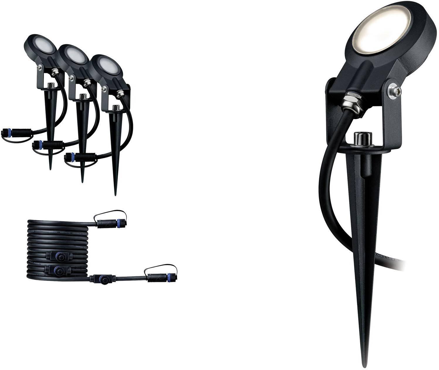 Trois projecteurs de jardin LED noirs avec piquet de terre et câble montrent une option d'éclairage pour les espaces extérieurs.