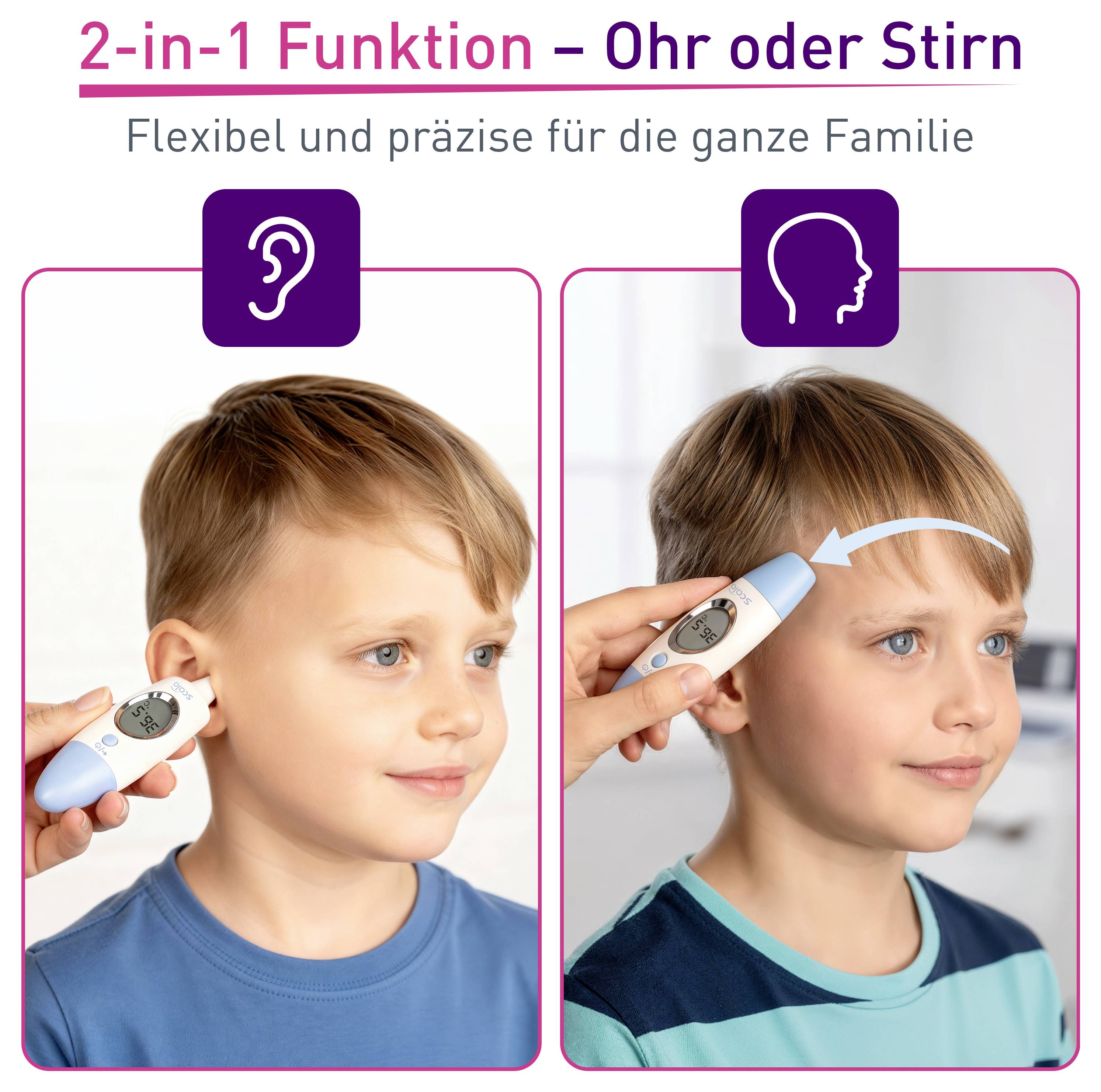 Un enfant est mesuré avec un thermomètre numérique à l'oreille et au front. Texte en haut : « Fonction 2 en 1 – Oreille ou front ».