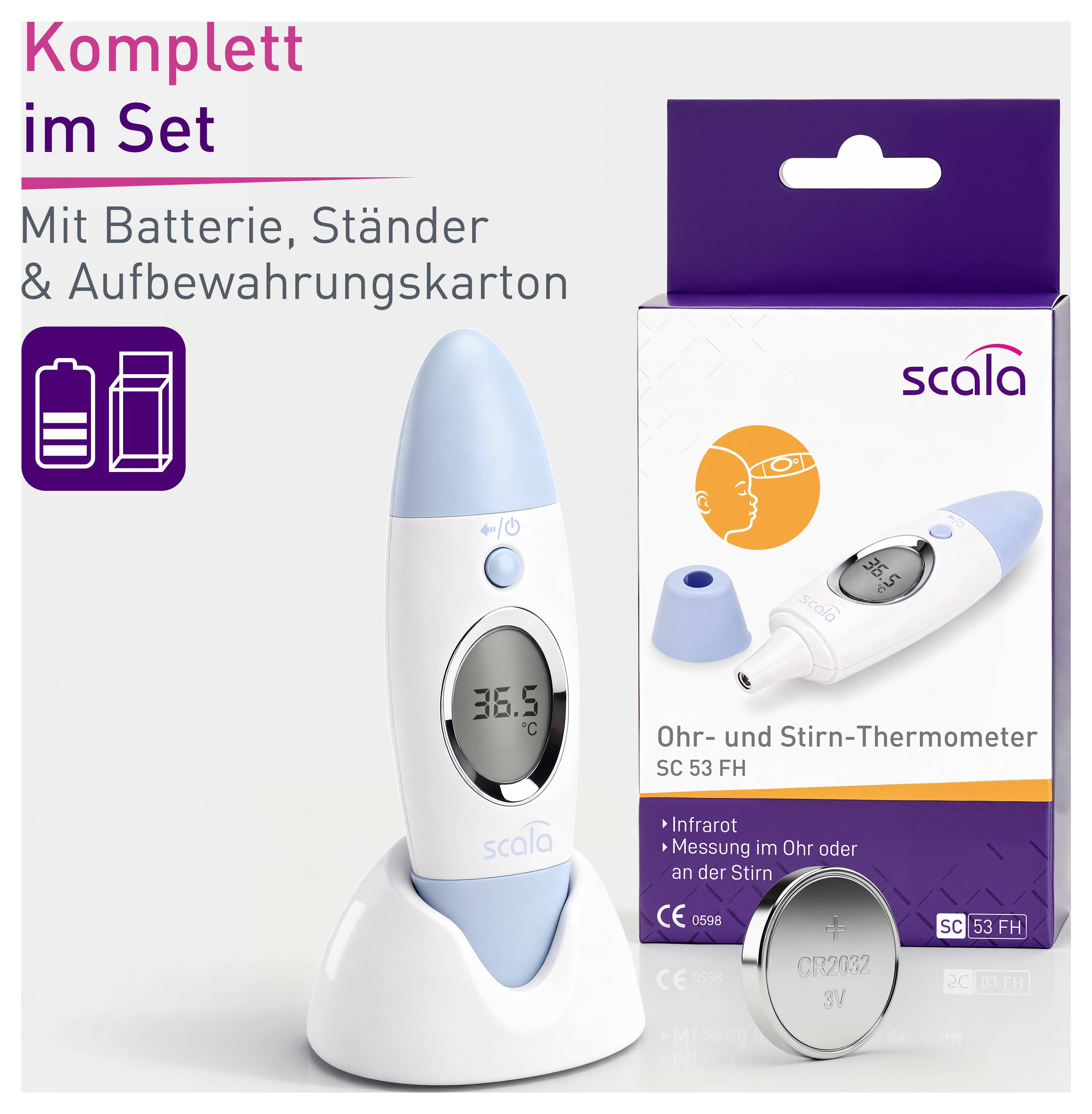 Thermomètre auriculaire et frontal en ensemble avec batterie, support et boîte de rangement. L'avant de l'emballage affiche le thermomètre.