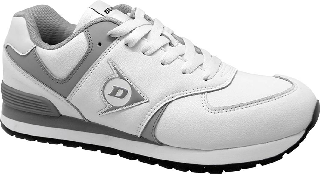 Une basket blanche avec des accents gris et une semelle noire. Un logo 'D' est représenté sur le côté.