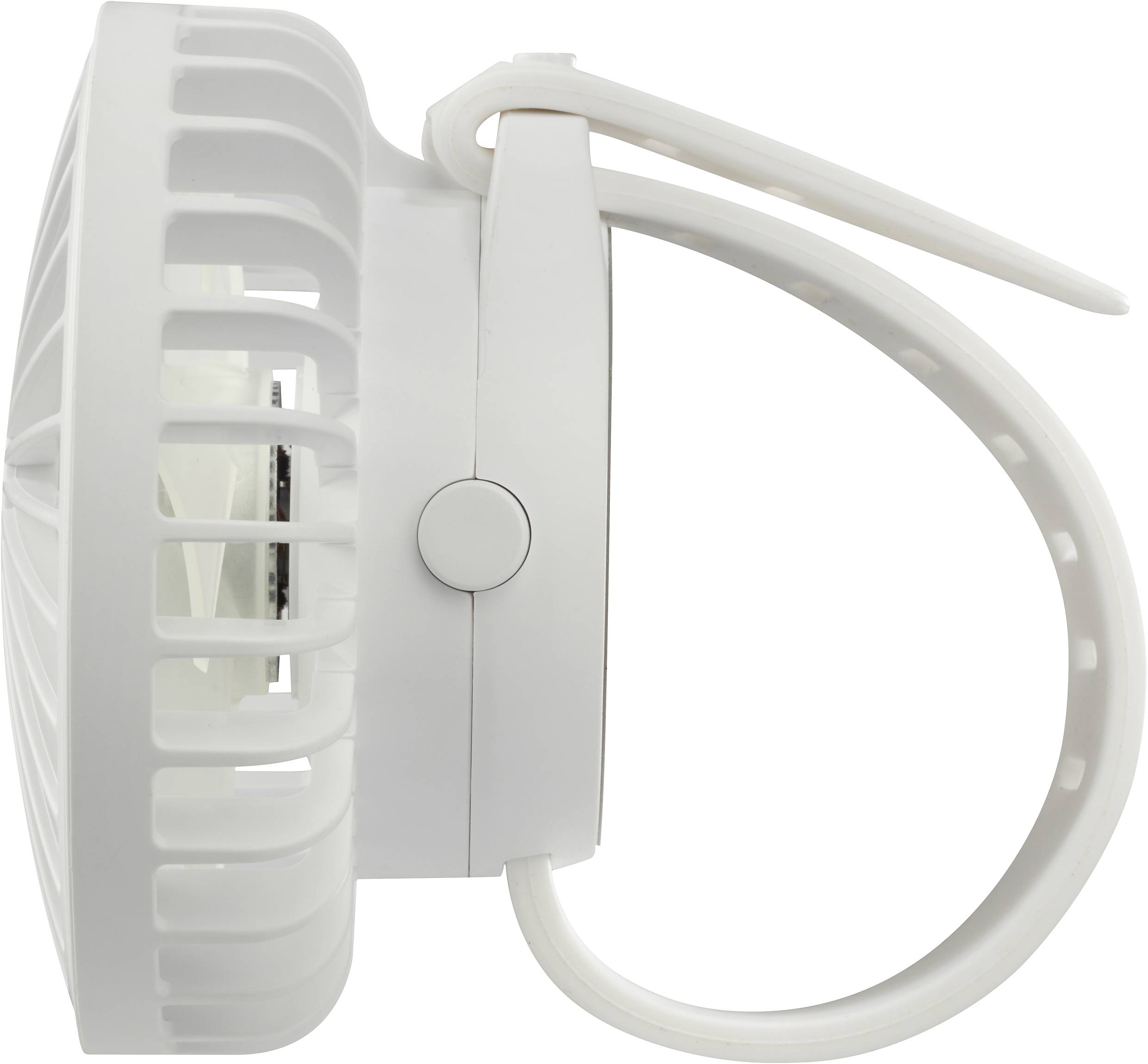 Ventilateur portable blanc, rond, avec clip et grille de protection, vue de côté. Idéal pour être fixé sur différents objets.