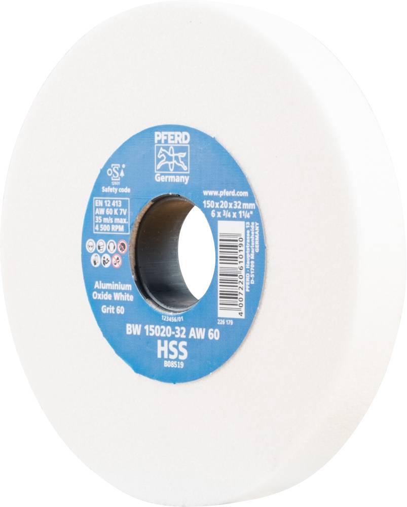 Une meule blanche avec un disque central bleu, utilisée pour le meulage de métaux. Marquage 'Pferd Germany'.