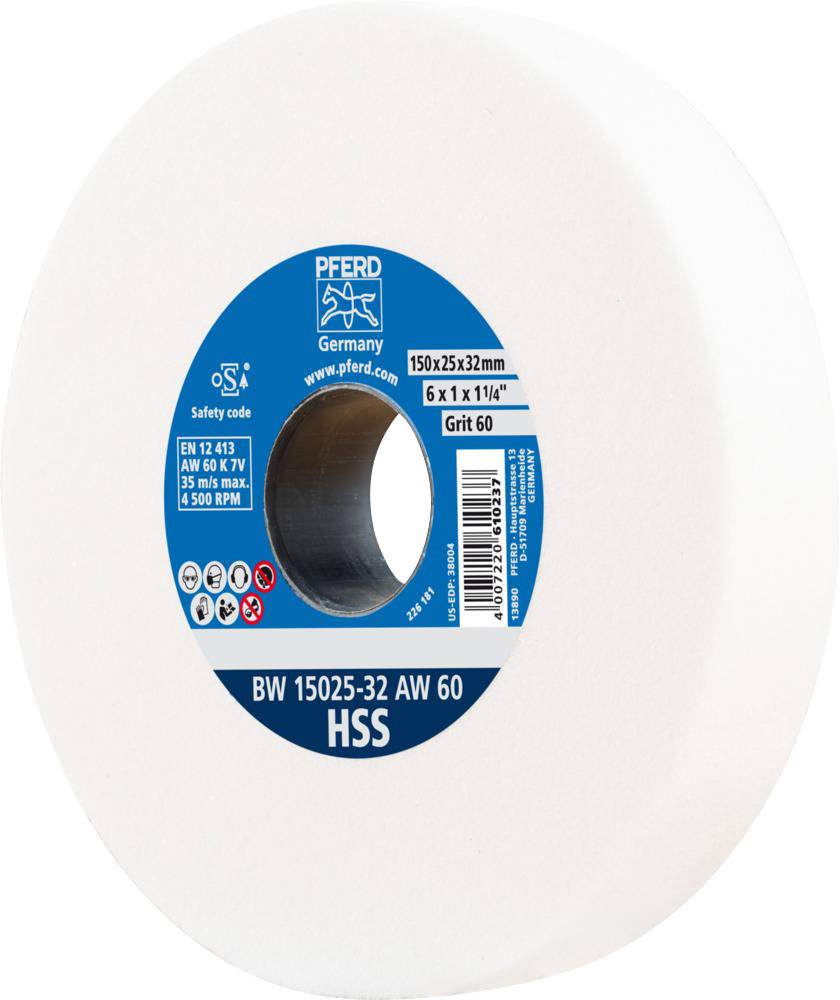 Meule 'PFERD' d'Allemagne, taille 150x25x32 mm, grain 60, vitesse de rotation maximale 4 500 tr/min, HSS pour l'usinage des métaux.