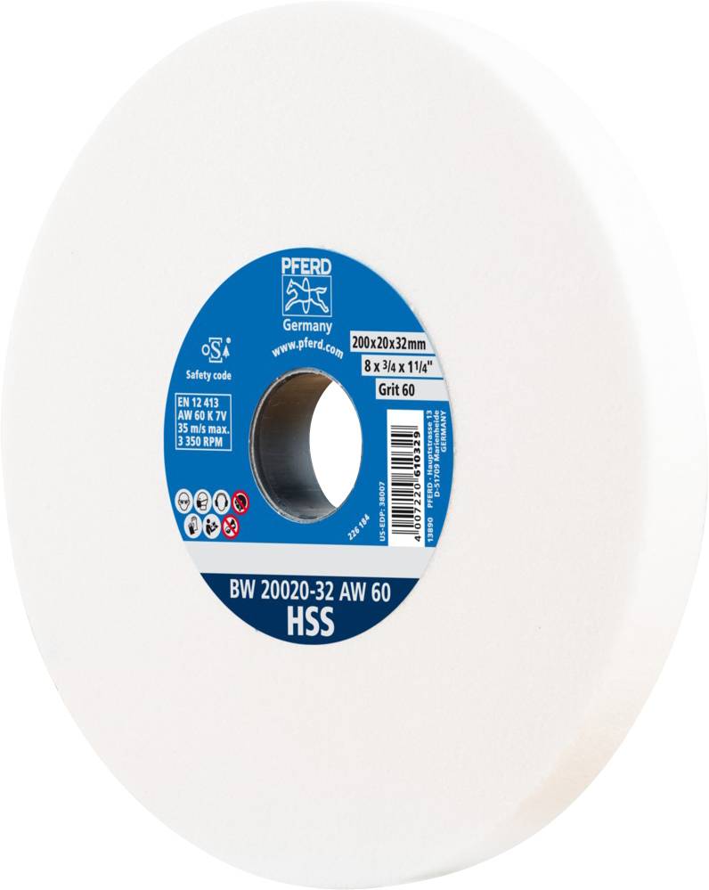 Le corps abrasif présente une étiquette bleue portant l'inscription « Pferd Germany BW 20020-32 AW 60 HSS ». Grain : 60. Dimensions : 200x20x32 mm.