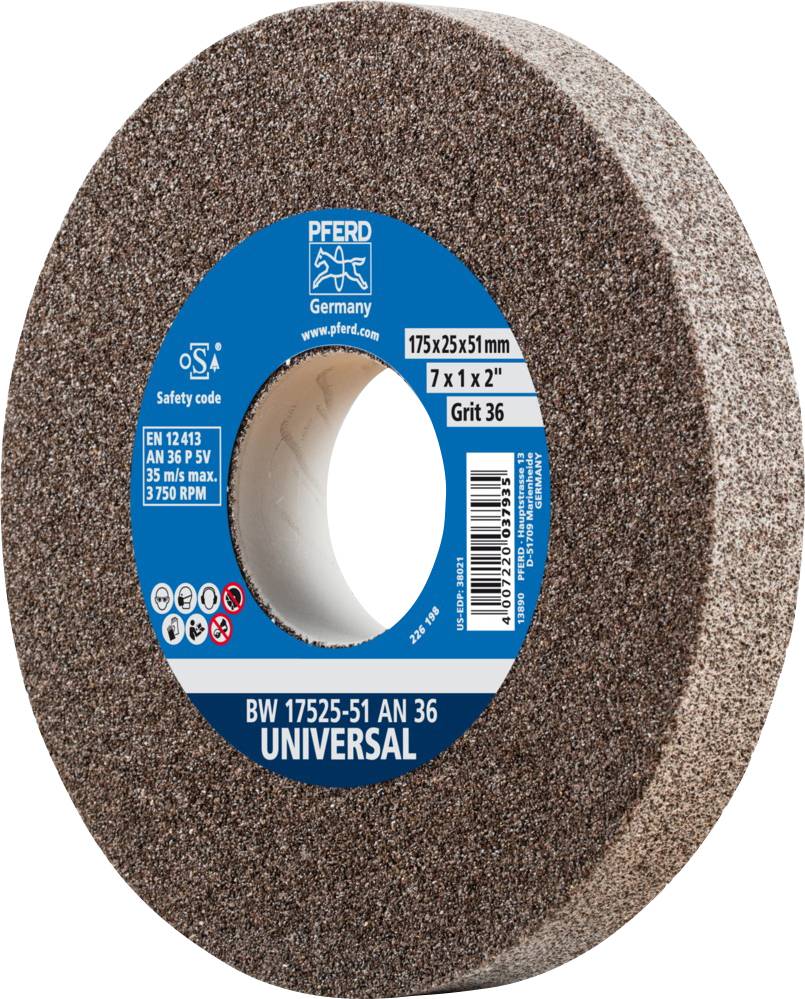 Disque abrasif de 175 mm de diamètre, grain 36, pour applications de meulage universelles. Marque : Pferd, Étiquette Bleue.