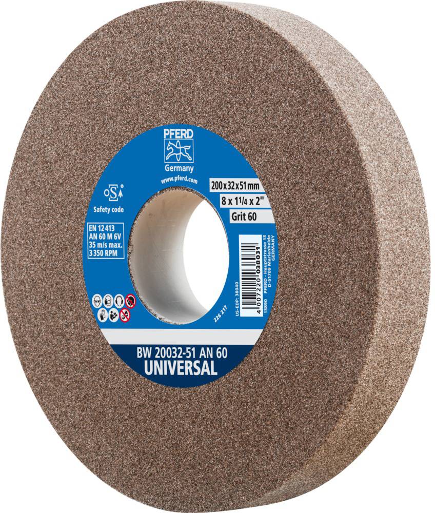 Disque abrasif 'PFERD Universal', marron. Dimensions : 200x32x51 mm. Grain : 60. Adapté pour différents processus de meulage.