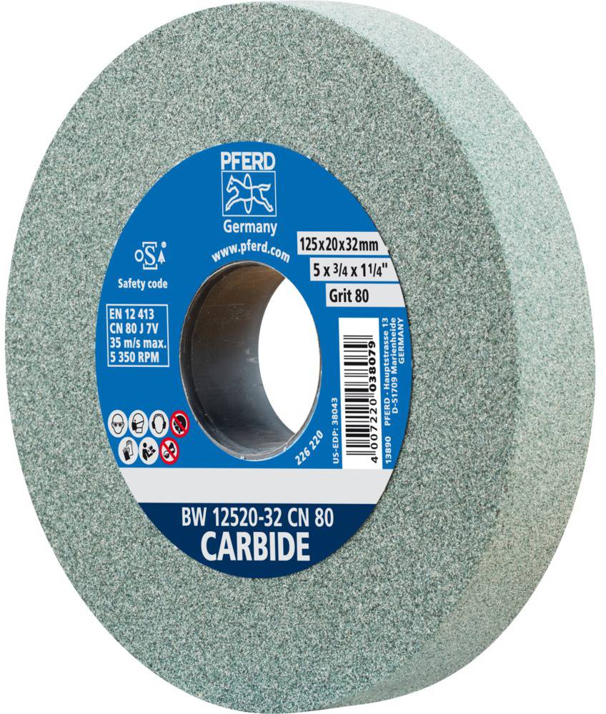Disque abrasif avec étiquette bleue, inscription 'Carbide', dimensions 125x20x32 mm, vitesse max. 35 m/s, 5300 tr/min, pour travaux de meulage professionnels.