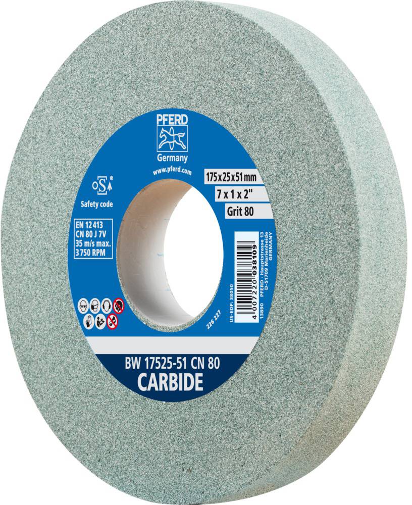 Disque de meulage de 175x25x51 mm, grain 80 pour carbure. Contient les informations de sécurité et de produit sur l'étiquette.