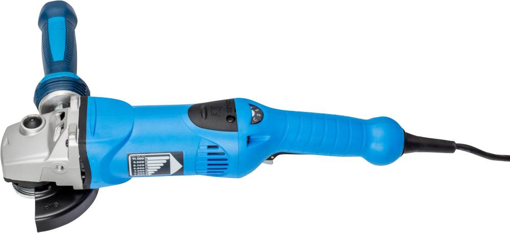 Un meuleuse d'angle bleue avec une poignée latérale et un câble secteur, adaptée pour couper et meuler divers matériaux.