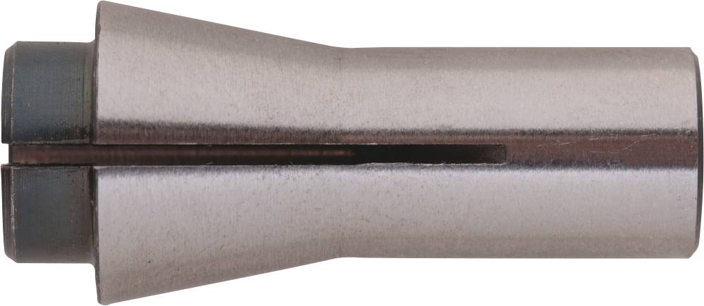 L'image montre une pince de serrage cylindrique en métal avec une ouverture en forme de fente le long du côté, destinée à recevoir des outils.