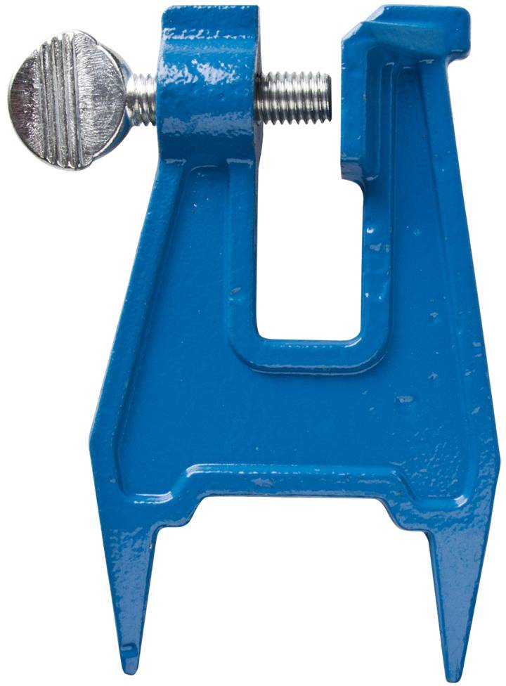 Un étau de serrage en métal bleu de forme A avec une vis argentée, utilisé pour maintenir des objets en place.