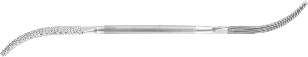 Instrument dentaire à double extrémité, courbé, avec une surface striée, utilisé pour le nettoyage dentaire et l'élimination de la plaque dentaire.