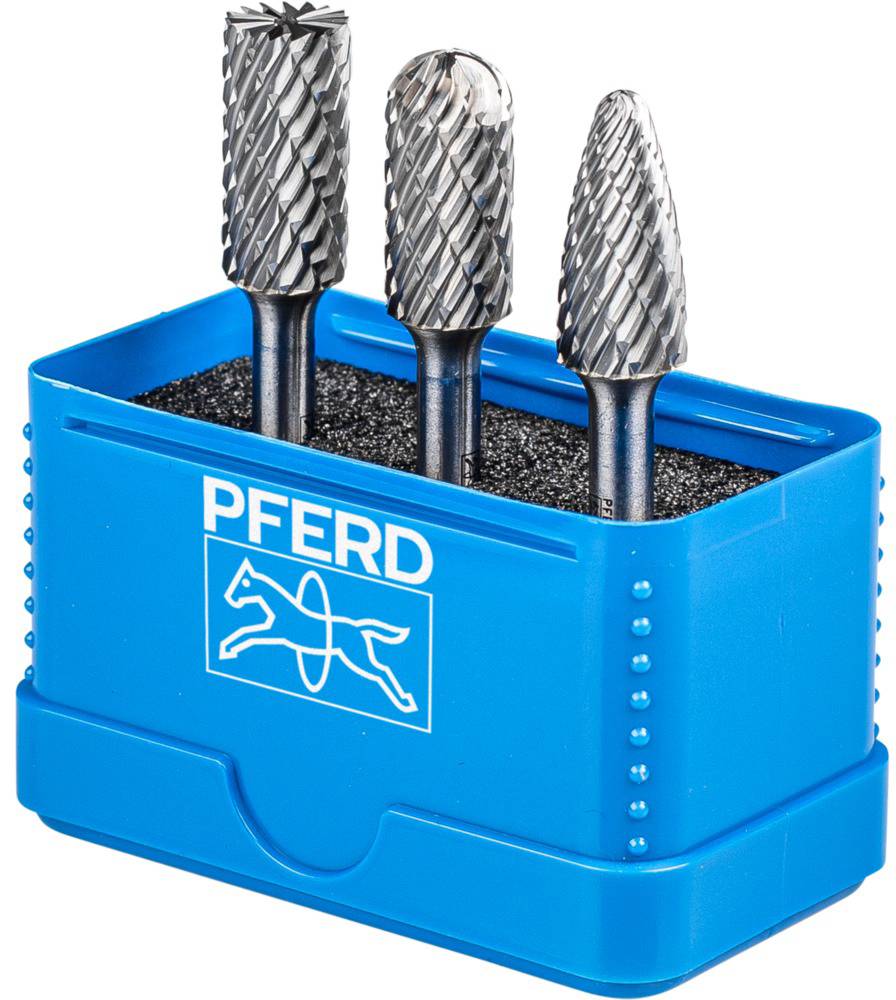 Trois embouts de meulage rotatifs avec des formes différentes dans un support bleu portant l'inscription 'PFERD'.